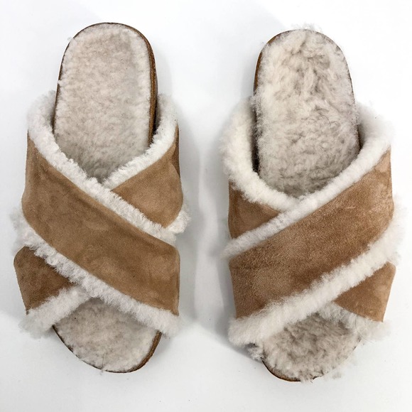 NEW Jenni Kayne Genuine Shearling Lined Crossover Open Toe Slide Sandals US 7 - Picture 3 of 6
